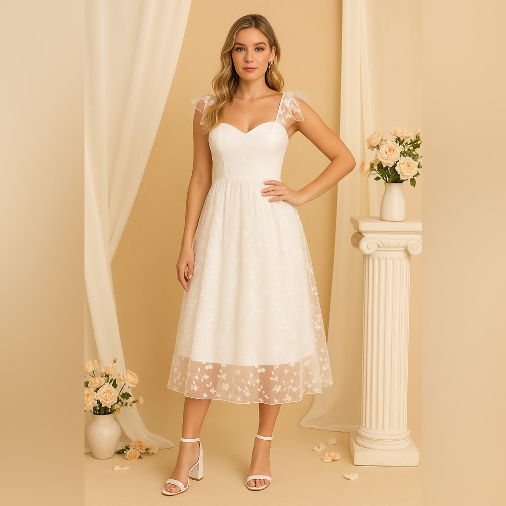 Elegant White Floral Midi Dress